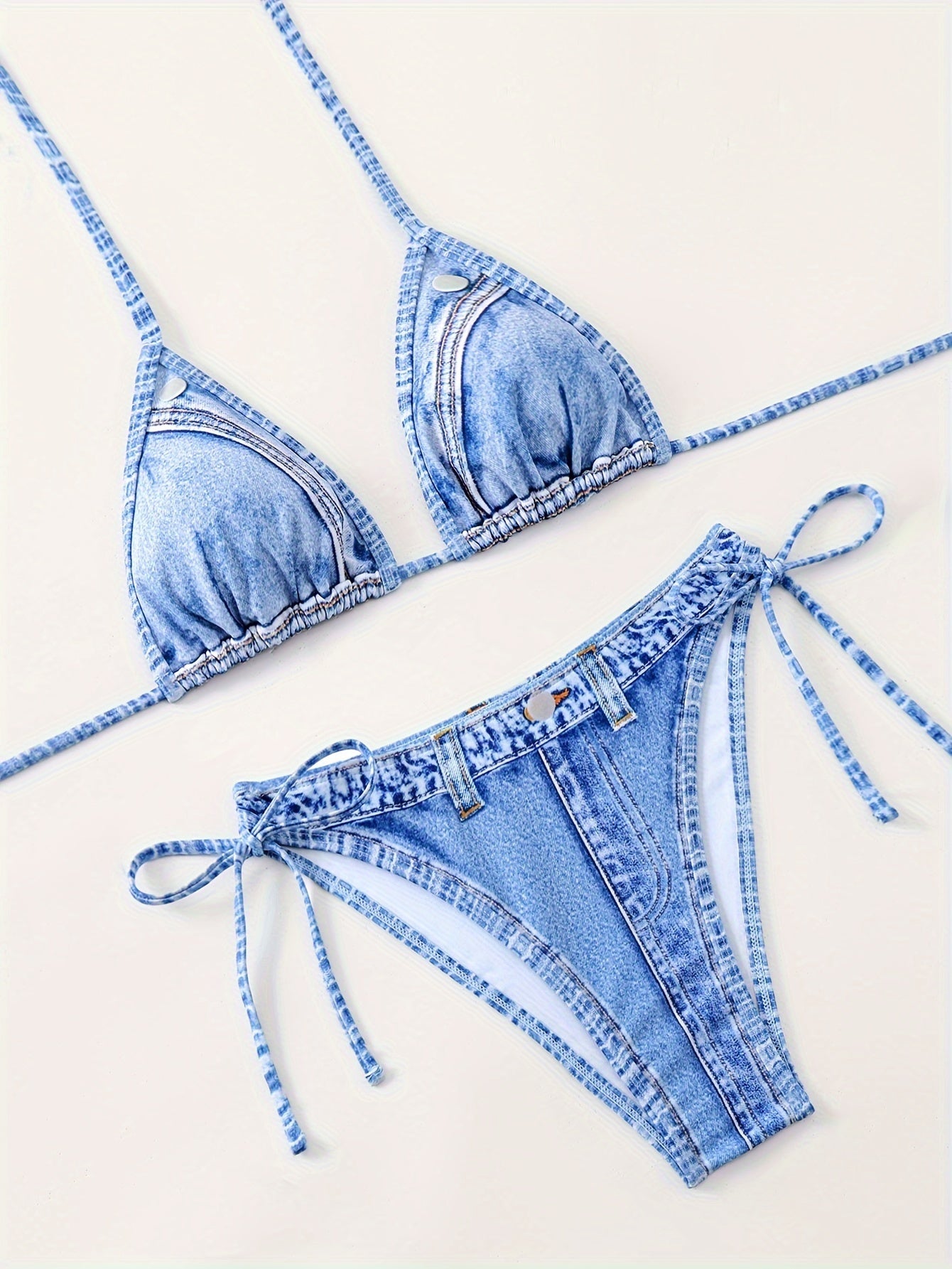 Chic Denim Print Bikini Set - 2 Piece Halter Swimsuit with High Waist Tie Sides - Flattering Womens Beachwear Ensemble